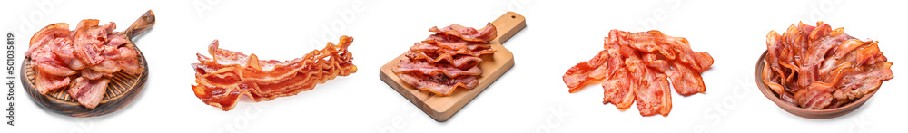 Set of fried bacon rashers on white background