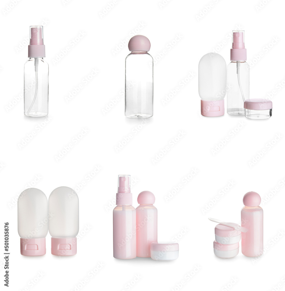 Set of cosmetic bottles and jars isolated on white Set of cosmetic bottles and jars isolated on white