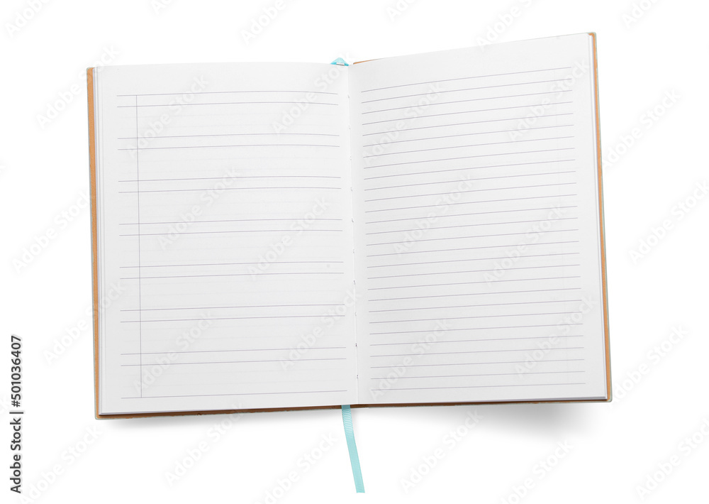 Open blank notebook on white background Open blank notebook on white background