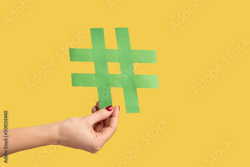 Fototapeta Naklejka Na Ścianę i Meble -  Closeup of woman hand holding large green paper hashtag symbol, hash sign of famous media content, social media marketing and blog promotion. Indoor studio shot isolated on yellow background.