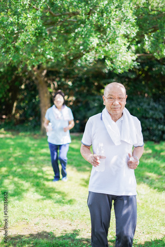 Elderly couple running in the open air