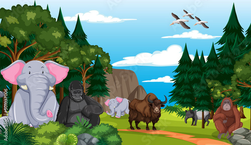 Forest scene with wild animals cartoon characters