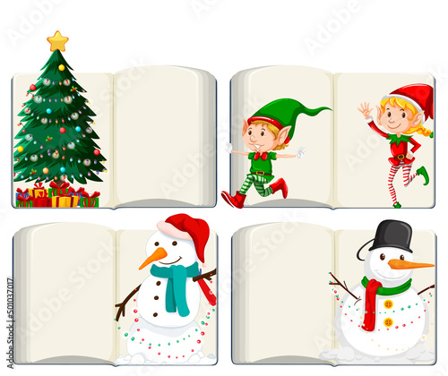 Set of different opened blank books with Santa Claus