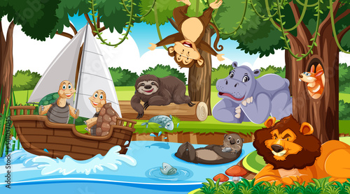 Wild animals cartoon characters in the forest scene