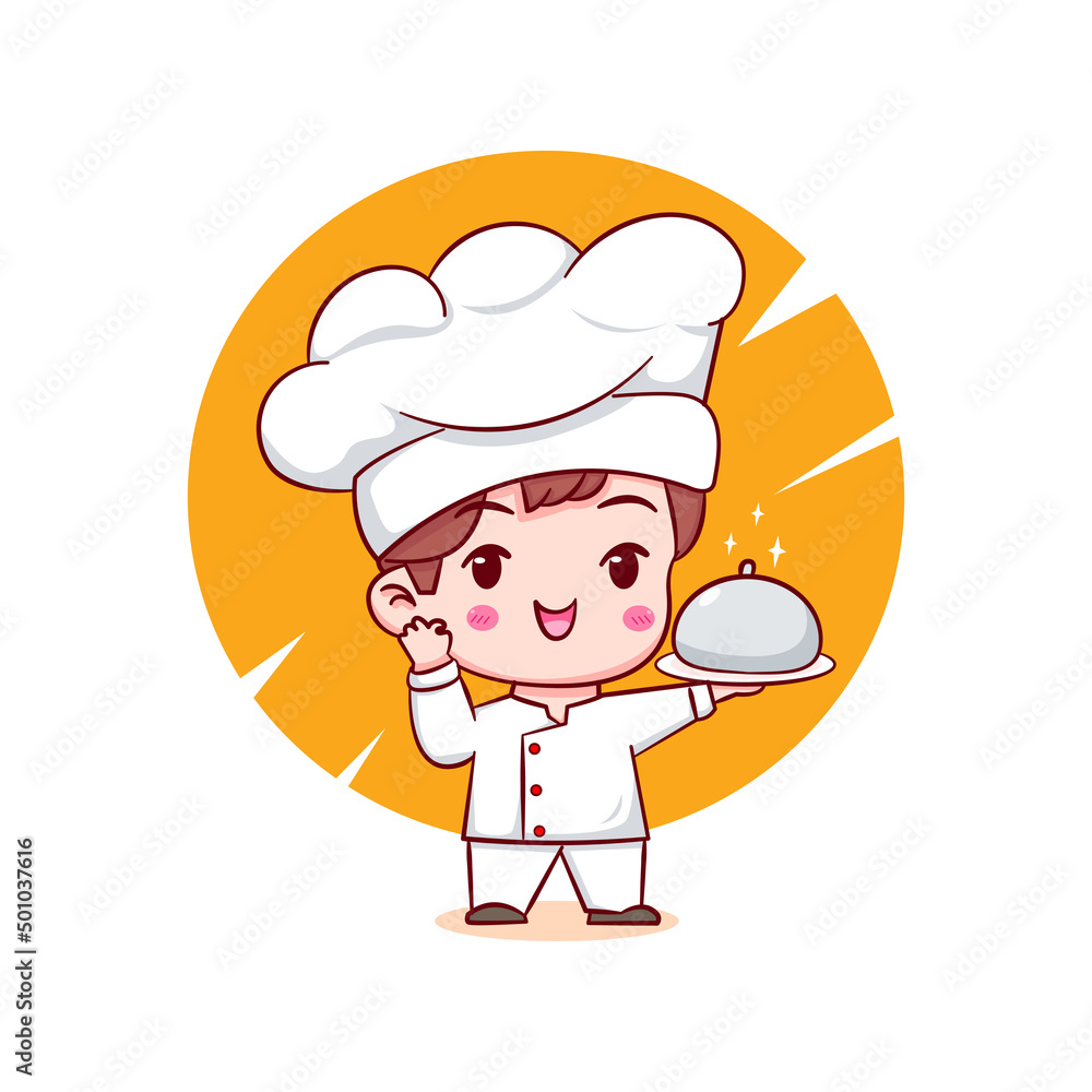 Cute cartoon character of chef. Hand drawn chibi character isolated background. Cute cartoon character of chef. Hand drawn chibi character isolated background.