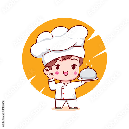 Cute cartoon character of chef. Hand drawn chibi character isolated background.