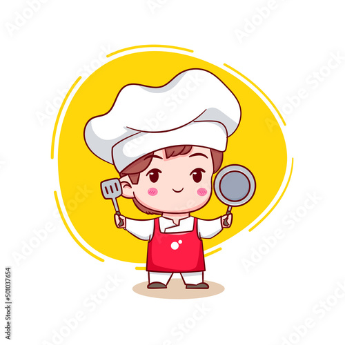 Cute cartoon character of chef. Hand drawn chibi character isolated background.