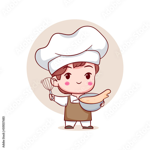 Cute cartoon character of chef. Hand drawn chibi character isolated background. photo