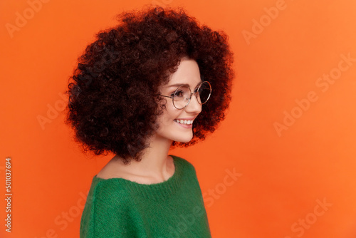 Fotobehang Side view portrait of attractive woman with Afro hairstyle with perfect skin wearing green casual style sweater and spectacles, looking away, smiling