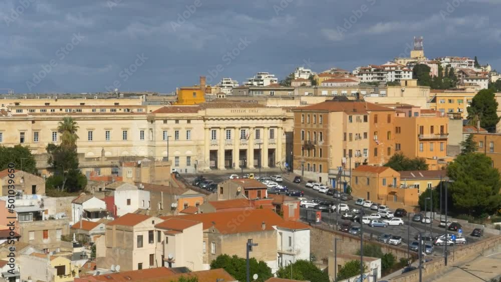 A general view over the city of Cagliari from the old town, Mid shot. Evening A general view over the city of Cagliari from the old town, Mid shot. Evening