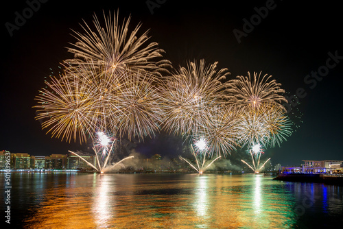 Amazing fireworks above the lake in Yas Bay for celebrations in Abu Dhabi. Eid Mubarak.