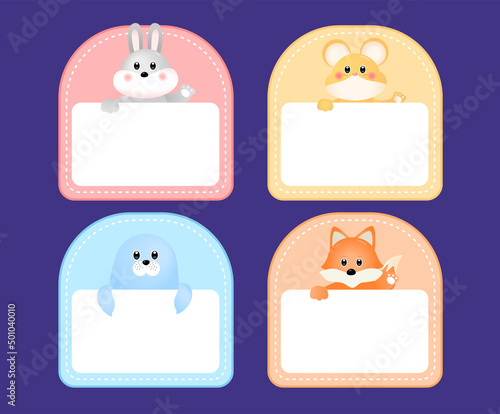 Colorful kindergarten animal character name tags. Illustration set Notepad, child, sticker, animal icon, tag. Rabbit, fox, seal, mouse vector drawing. a hand-drawn style