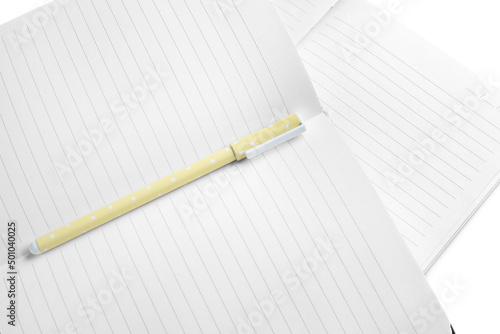 Notebooks and pen on white ...