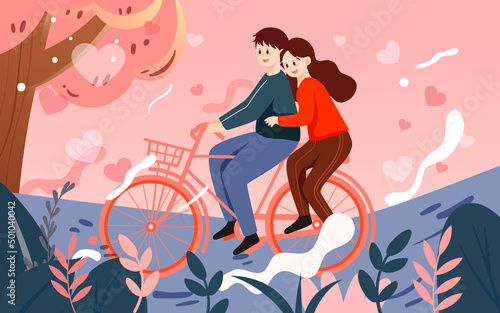 Valentine's day couple on a bike ride on a romantic date with hearts and plants in the background, vector illustration