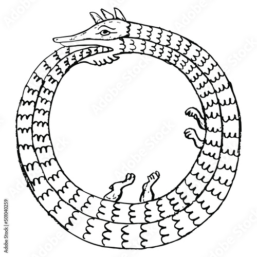 Ouroboros. Mythological snake eating its own tail. Medieval coiled serpent or dragon. Round animal frame. Illuminated manuscript style. Hand drawn linear doodle rough sketch. Black silhouette on white