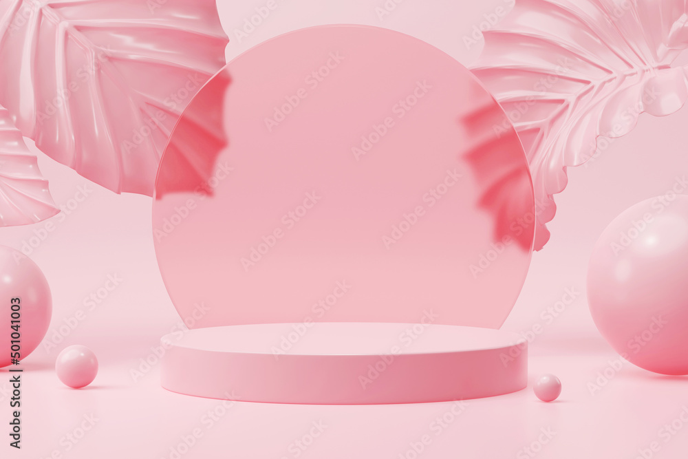 Mock up of geometry podium with surreal pink leaf for product presentation on pink background. 3d rendering. Mock up of geometry podium with surreal pink leaf for product presentation on pink background. 3d rendering.