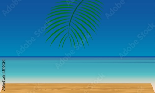 wooden table and palm tree on the beach in the summer