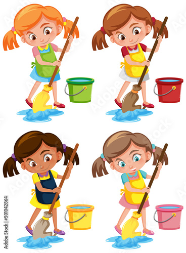 Girl mopping the floor on white background