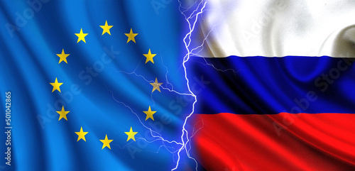 Foto Russia vs european union, countries confrontation concept, european union flag v