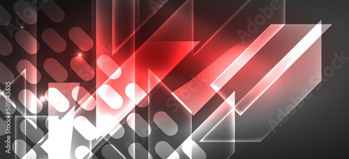 Background neon glowing lines and geometric shapes. Lights in the dark wallpaper for concept of AI technology, blockchain, digital, communication, 5G, science
