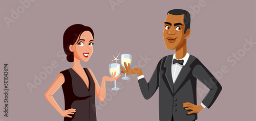 Couple Toasting Champagne Celebrating Together Vector Cartoon Illustration
