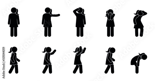 woman standing and walking, basic set of female silhouettes, stick figure icon man
