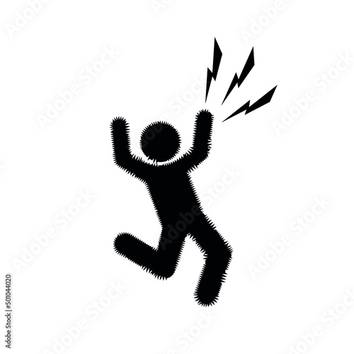 electric shock icon, warning sign, person in danger, electric lightning discharge, vector isolated pictogram