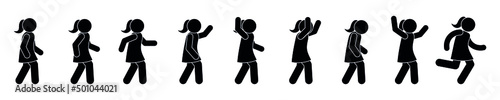 walking woman icon set, stick figure female silhouette, isolated vector illustration, girls stepping, various gestures