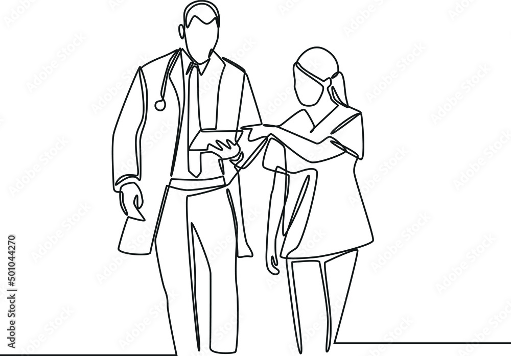 Continuous one line drawing a doctor and Nurse walking to patient room. International nurses day. Single line draw design vector graphic illustration. Continuous one line drawing a doctor and Nurse walking to patient room. International nurses day. Single line draw design vector graphic illustration.