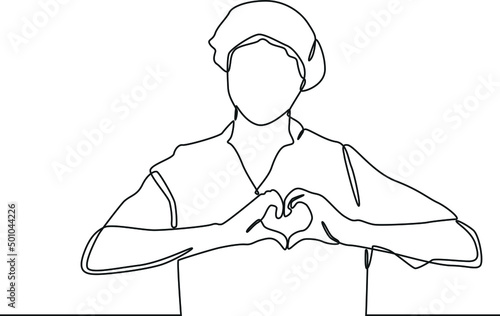 Continuous one line drawing female nurse showing heart gesture and taking care of patients with love. International nurses day. Single line draw design vector graphic illustration.