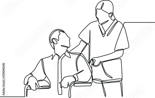 Murais de parede Continuous one line drawing nurse taking care of mature male patient sitting on wheelchair in hospital