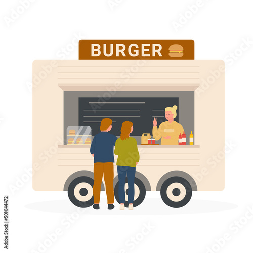 Street fast food van with hamburgers menu. Public catering mobile kitchen on wheel cartoon vector illustration