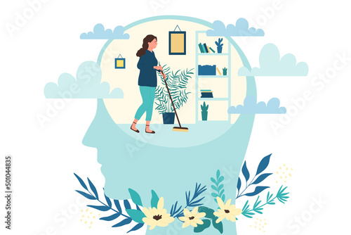 Girl with mop cleaning inner room inside abstract human head. Cartoon person cleansing mind to organize thoughts, brain detox purification flat vector illustration. Psychology, mental health concept