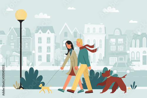 Couple people walk dogs on city road with houses and street lantern. Urban landscape with man and woman walking, holding leash with pets flat vector illustration. Family, outdoor activity concept