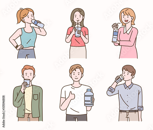 People are drinking water from various cups and water bottles. flat design style vector illustration.