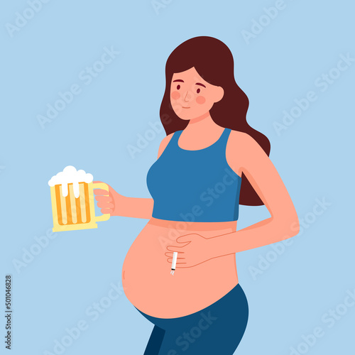 Smoking and alcohol drinking during pregnancy concept vector illustration. Pregnant woman drinking beer and smoking in flat design.