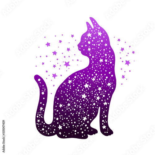 Black cat. Witch halloween magic vector. Mystic cat icon silhouette. Animal illustration with moon, star on black violet background. Gothic or boho tattoo print logo. Cute sketch. Mystic space element