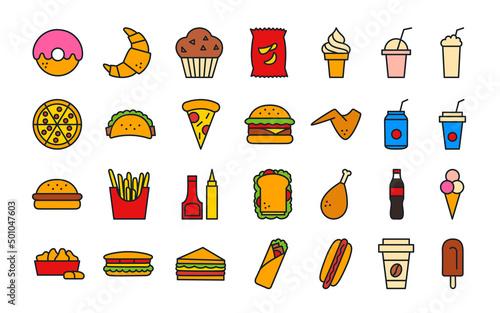 Fast food icons. Isolated line color icon set