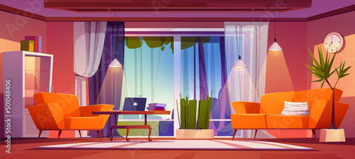 Living room interior with large panoramic windows and view on front yard landscape with lawn and trees. Modern house cottage apartment with cozy furniture, home design, Cartoon vector illustration