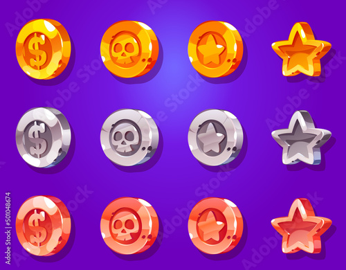 Game golden coins and badges with star, skull, and dollar sign. Vector cartoon set of old gold, silver and bronze medals, trophy or award for winner. Game items isolated on background