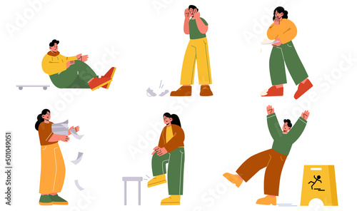 Clumsy people accidents, male or female characters fall down from skateboard, hit leg by chair, drop documents and food, slip on wet floor, smash crockery, men or women injury Line art flat vector set
