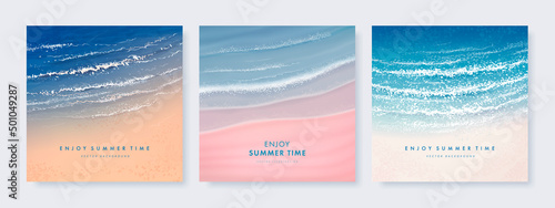 Set of vector landscape background. Beautiful illustration of sandy summer beach. Summer holidays poster or banner design template