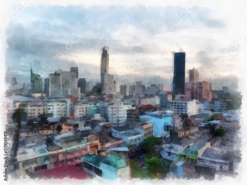 Landscape of streets and buildings in Bangkok city watercolor style illustration impressionist painting.