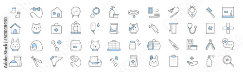Pet shop and veterinary clinic doodle icons with cat, dog, rabbit, toys and grooming tools. Vector hand drawn set of syringe, bandage, aquarium with fish, food in bowl, carrier and bird cage