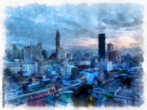 Landscape of streets and buildings in Bangkok city watercolor style illustration impressionist painting.