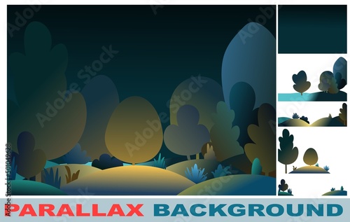 Flat autumn forest. Night landscape with trees. Illustration in a simple symbolic style. Set for parallax effect. Bright place. Comic cartoon design. Country wild plants. Vector