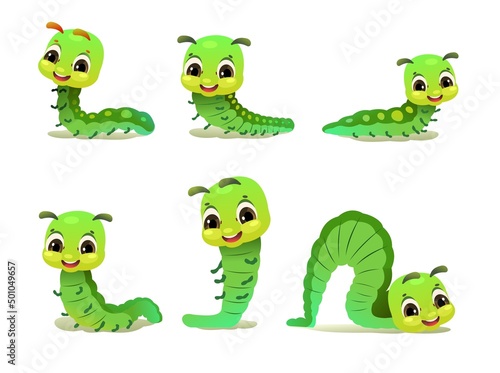 Set of Caterpillar. wildlife object. Little funny insect. Cute cartoon style. isolated on white background. Vector