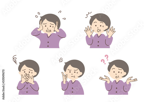 女性のシンプルなイラストセット_D02【シルバーグレーの髪／表情】