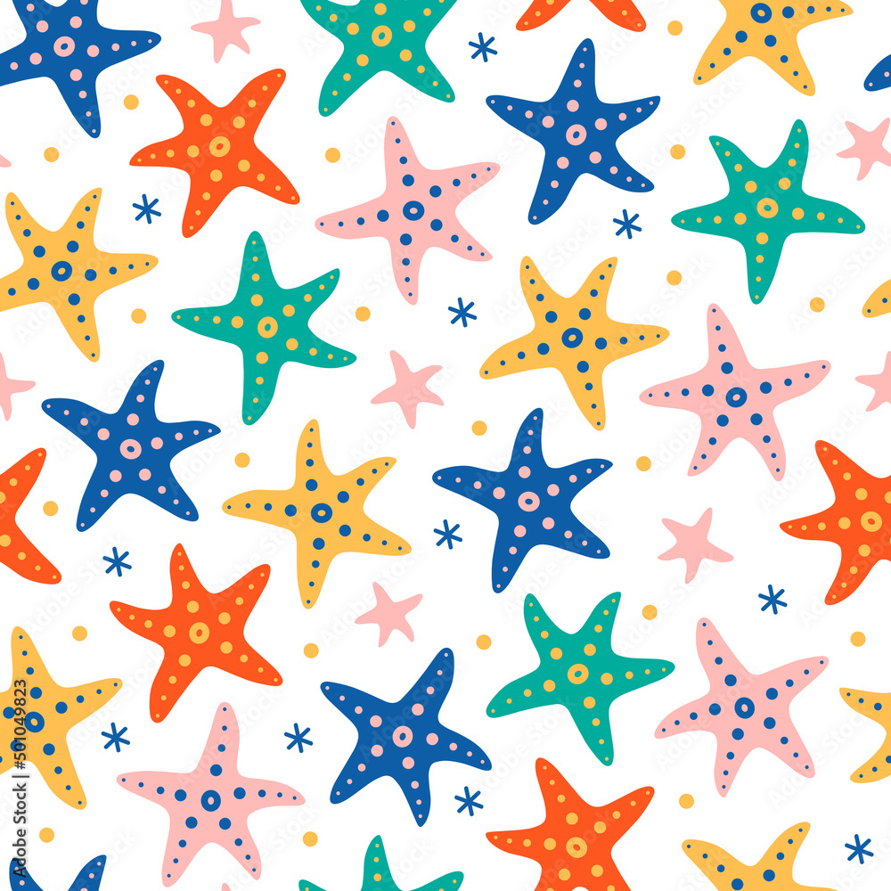 Starfish seamless vector pattern. Underwater animals in the shape of stars with suckers. Flat cartoon style, hand drawn childish illustration on white background. Cute sea backdrop