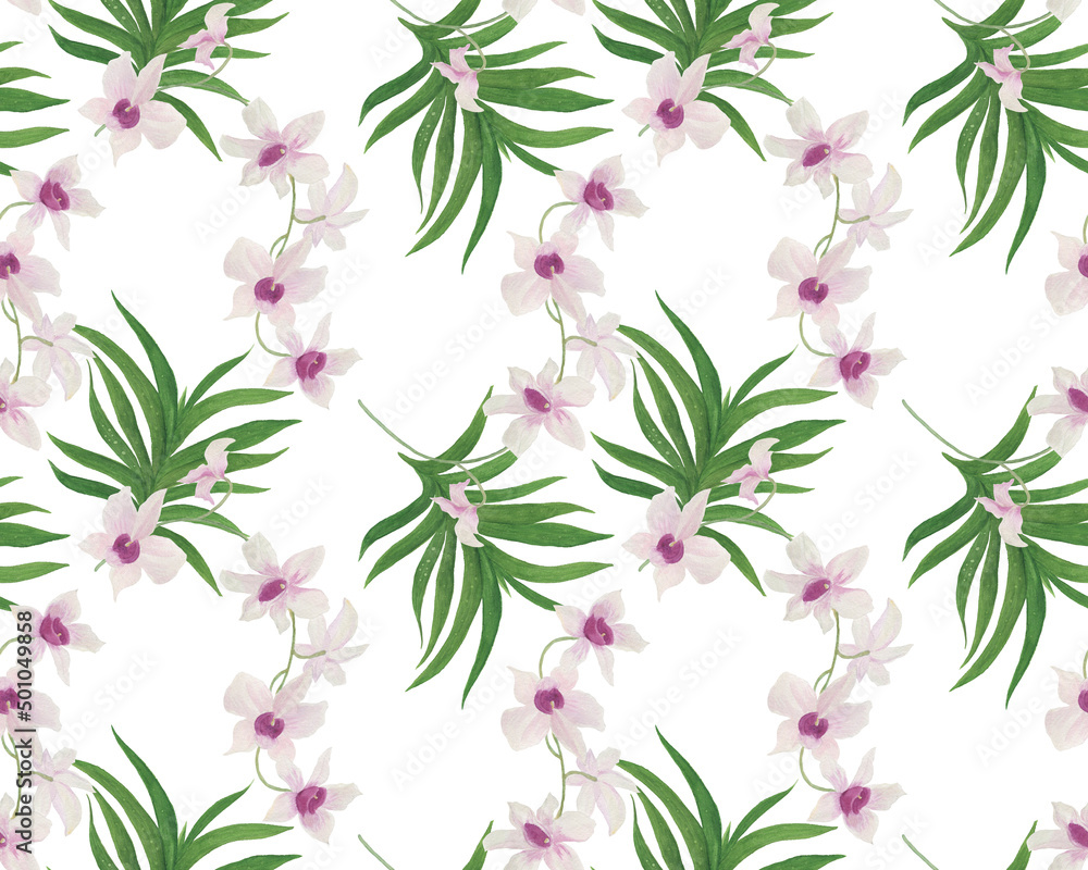 White watercolor painting orchid flowers. Seamless pattern